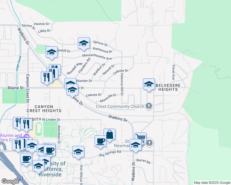 map of restaurants, bars, coffee shops, grocery stores, and more near 365 Maravilla Drive in Riverside