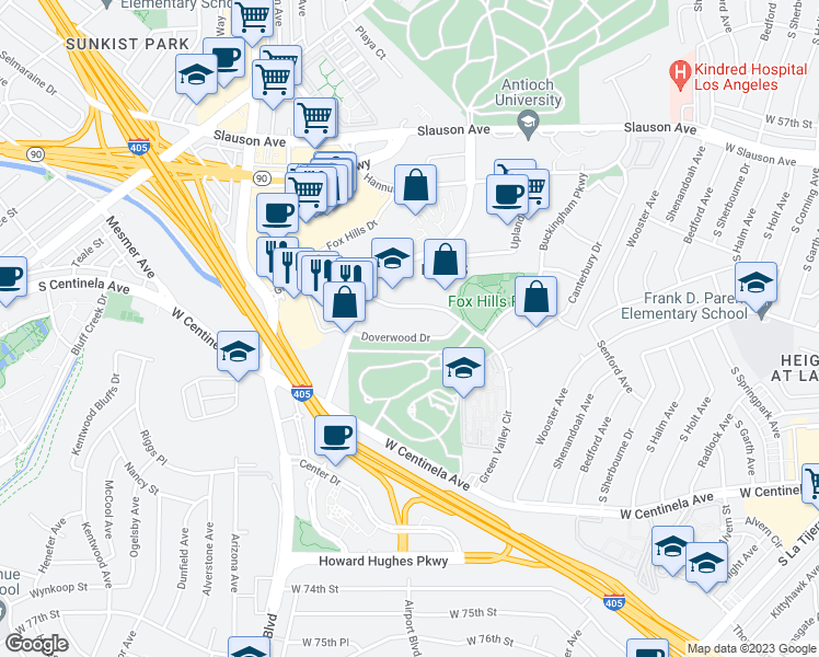 map of restaurants, bars, coffee shops, grocery stores, and more near 5845 Doverwood Drive in Culver City