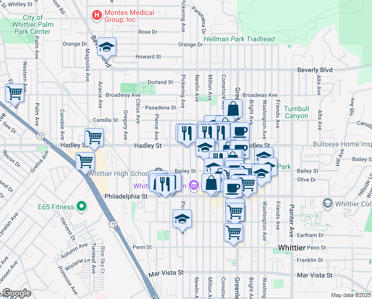 map of restaurants, bars, coffee shops, grocery stores, and more near 12602 Hadley Street in Whittier