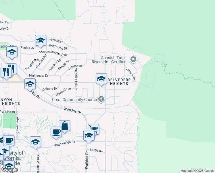 map of restaurants, bars, coffee shops, grocery stores, and more near 3326 Mount Vernon Avenue in Riverside