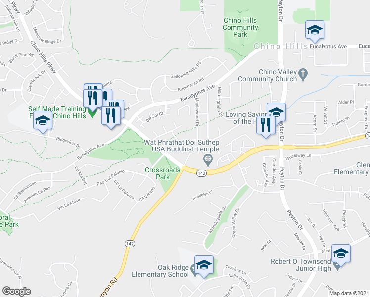 map of restaurants, bars, coffee shops, grocery stores, and more near 14913 Little Bend Road in Chino Hills