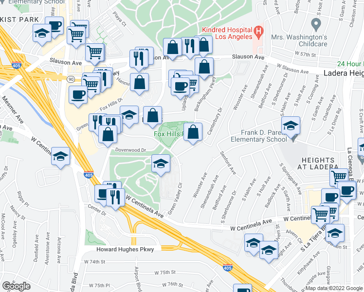 map of restaurants, bars, coffee shops, grocery stores, and more near 6225 Canterbury Drive in Culver City