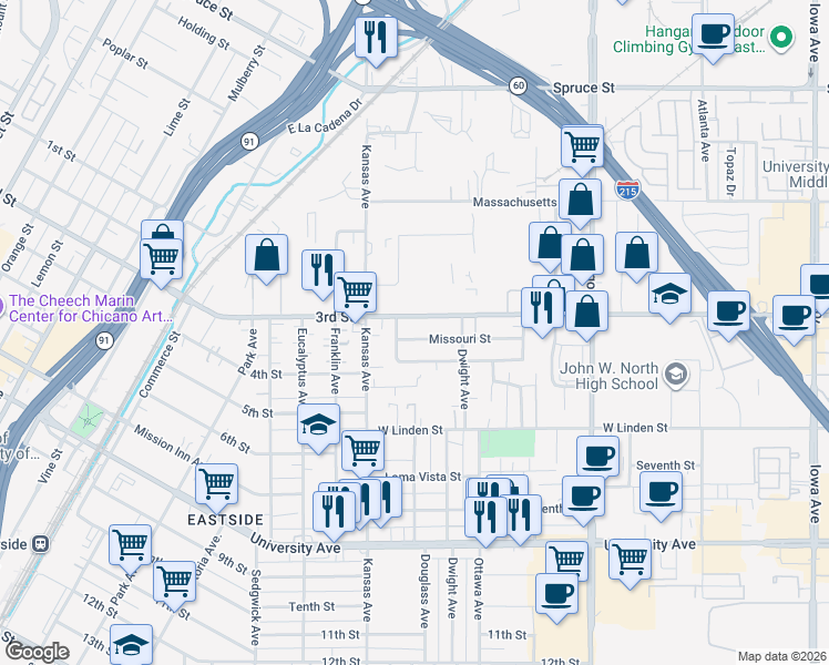 map of restaurants, bars, coffee shops, grocery stores, and more near 2015 Missouri Street in Riverside