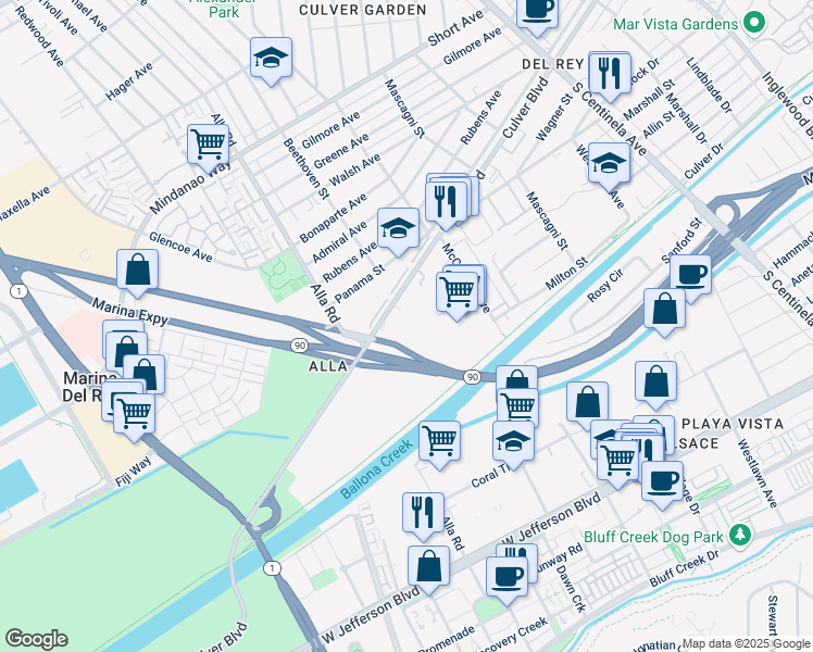 map of restaurants, bars, coffee shops, grocery stores, and more near 12910 Culver Blvd in Los Angeles