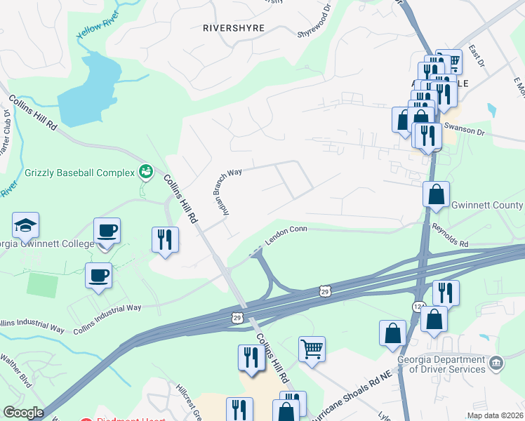 map of restaurants, bars, coffee shops, grocery stores, and more near 102 Muddy River Road in Lawrenceville