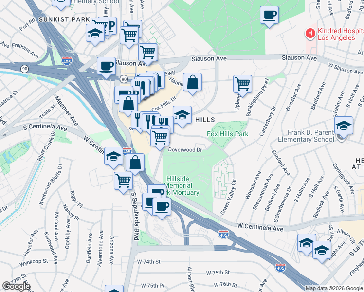 map of restaurants, bars, coffee shops, grocery stores, and more near 5875 Doverwood Drive in Culver City