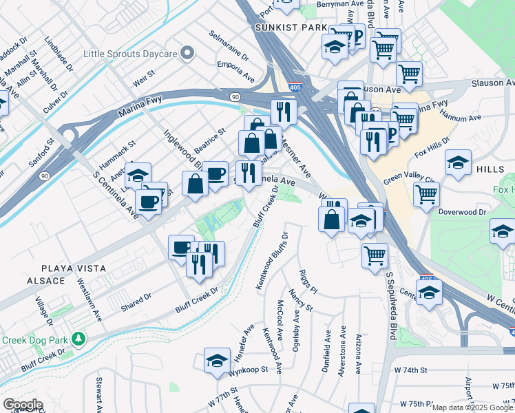 map of restaurants, bars, coffee shops, grocery stores, and more near 11995 Bluff Creek Drive in Los Angeles