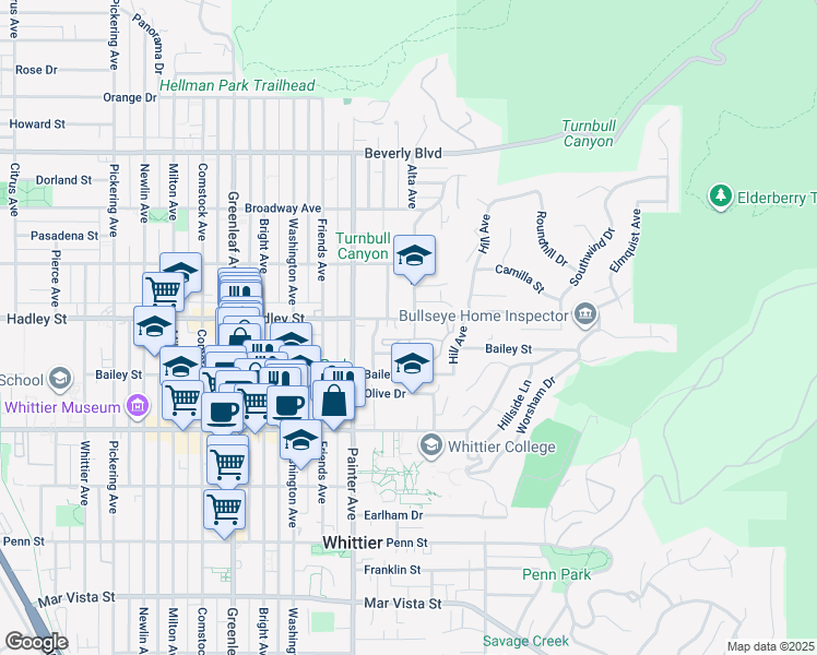 map of restaurants, bars, coffee shops, grocery stores, and more near 13460 Hadley Street in Whittier