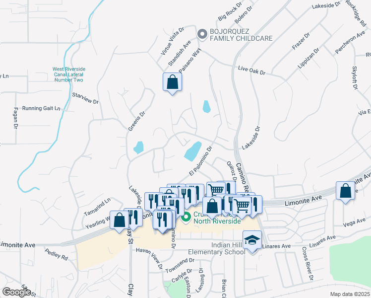 map of restaurants, bars, coffee shops, grocery stores, and more near 7960 Shadow Trails Lane in Riverside