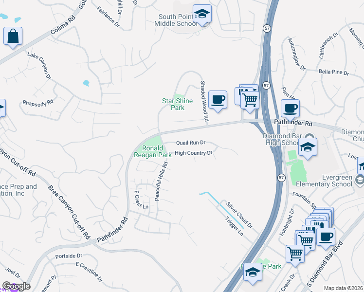 map of restaurants, bars, coffee shops, grocery stores, and more near 20842 Quail Run Drive in Walnut