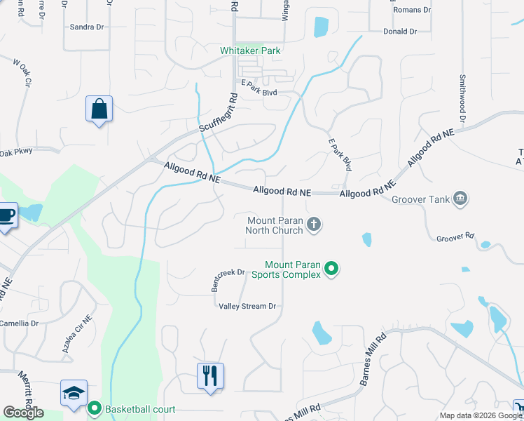 map of restaurants, bars, coffee shops, grocery stores, and more near 1285 Rockcrest Drive in Marietta