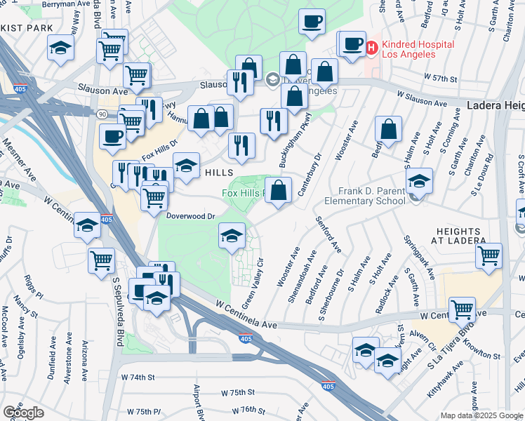 map of restaurants, bars, coffee shops, grocery stores, and more near 5625 Green Valley Circle in Culver City