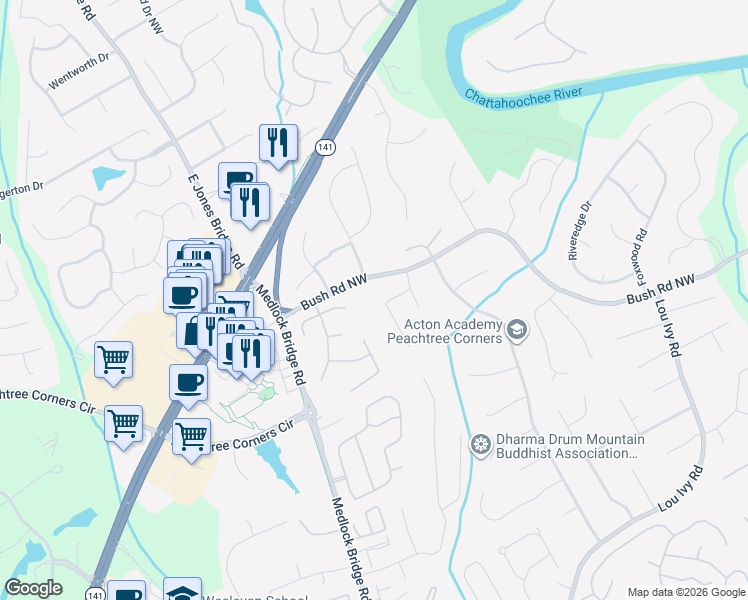 map of restaurants, bars, coffee shops, grocery stores, and more near 4969 Old Ivy Road Northwest in Duluth