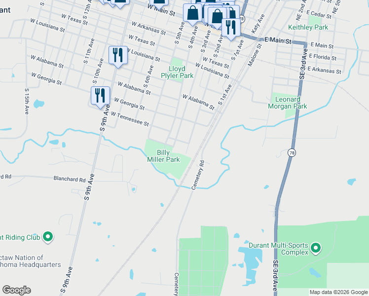 map of restaurants, bars, coffee shops, grocery stores, and more near 805 South 2nd Avenue in Durant