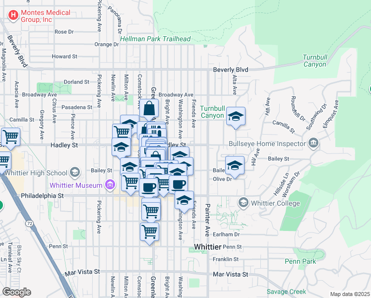 map of restaurants, bars, coffee shops, grocery stores, and more near 13208 Hadley Street in Whittier