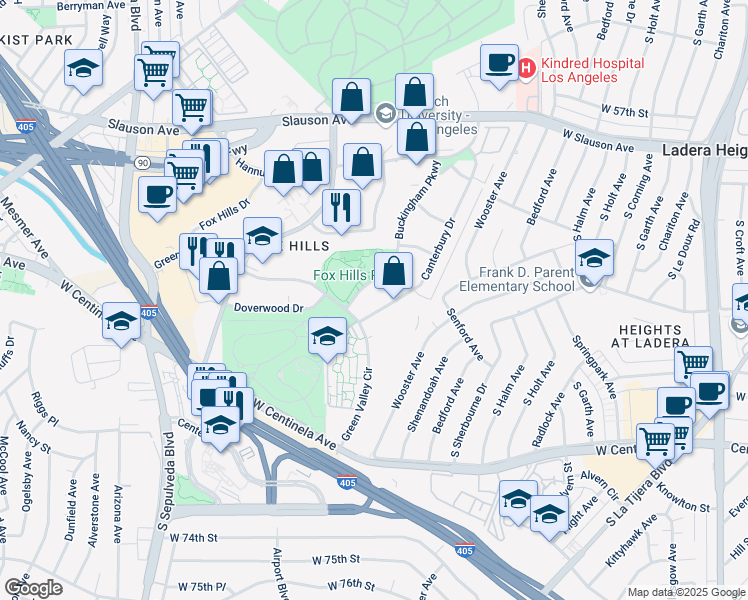 map of restaurants, bars, coffee shops, grocery stores, and more near 6275 Canterbury Drive in Culver City