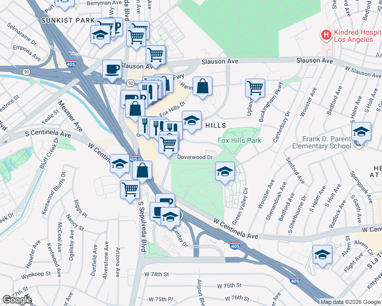 map of restaurants, bars, coffee shops, grocery stores, and more near 5883 1/2 Doverwood Drive in Culver City