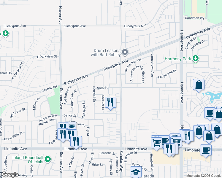 map of restaurants, bars, coffee shops, grocery stores, and more near 13068 58th Street in Eastvale