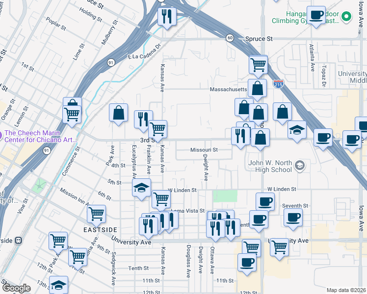 map of restaurants, bars, coffee shops, grocery stores, and more near 2015 Missouri Street in Riverside