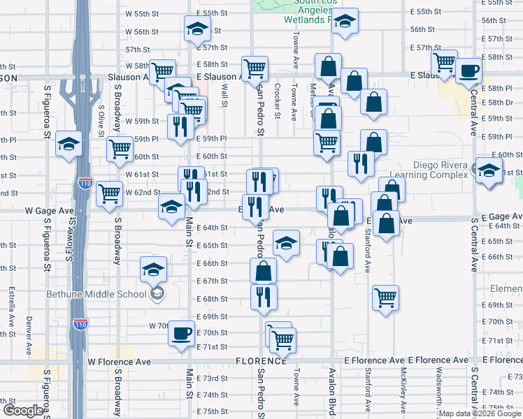 map of restaurants, bars, coffee shops, grocery stores, and more near S San Pedro St & E Gage Ave in Los Angeles
