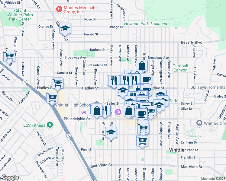 map of restaurants, bars, coffee shops, grocery stores, and more near 12510 Hadley Street in Whittier
