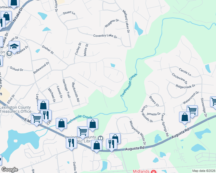 map of restaurants, bars, coffee shops, grocery stores, and more near 423 Creek Side Lane in Lexington