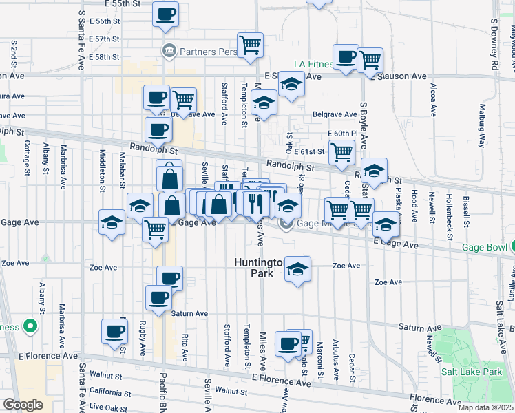 map of restaurants, bars, coffee shops, grocery stores, and more near 6337 Miles Avenue in Huntington Park