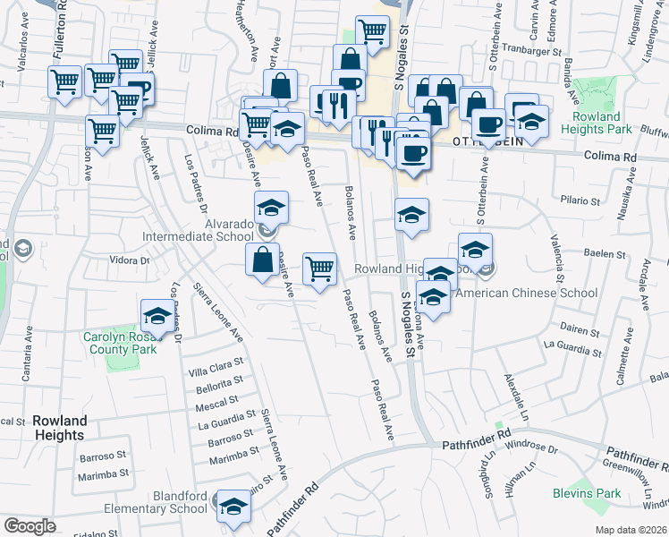 map of restaurants, bars, coffee shops, grocery stores, and more near 18875 Honore Street in Rowland Heights
