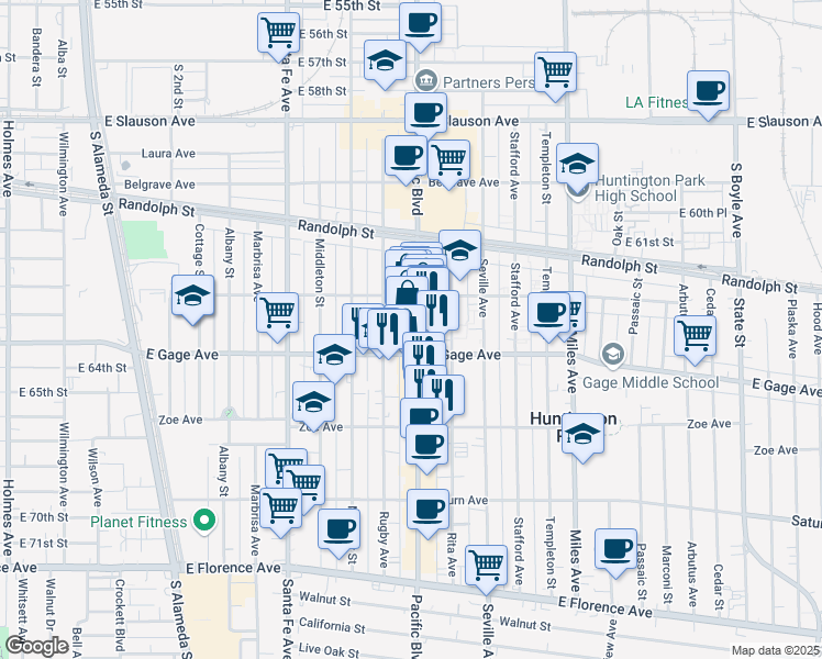 map of restaurants, bars, coffee shops, grocery stores, and more near 6339 Pacific Boulevard in Huntington Park