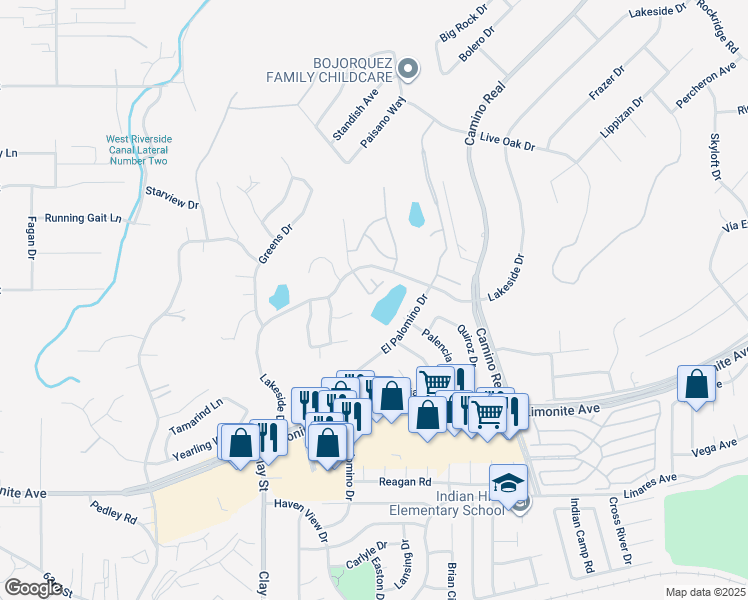 map of restaurants, bars, coffee shops, grocery stores, and more near 7960 Shadow Trails Lane in Riverside