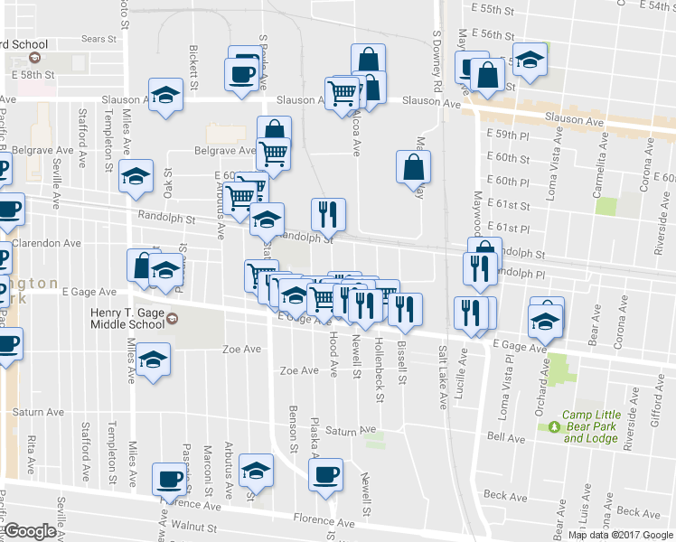 map of restaurants, bars, coffee shops, grocery stores, and more near 6244 Hood Avenue in Huntington Park