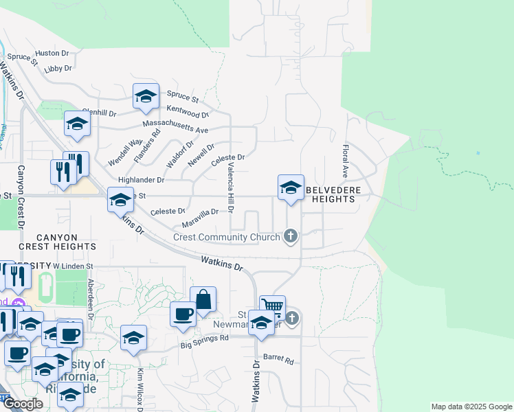 map of restaurants, bars, coffee shops, grocery stores, and more near 229 Maravilla Drive in Riverside