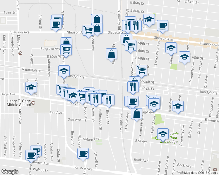 map of restaurants, bars, coffee shops, grocery stores, and more near 6228 Bissell Street in Huntington Park