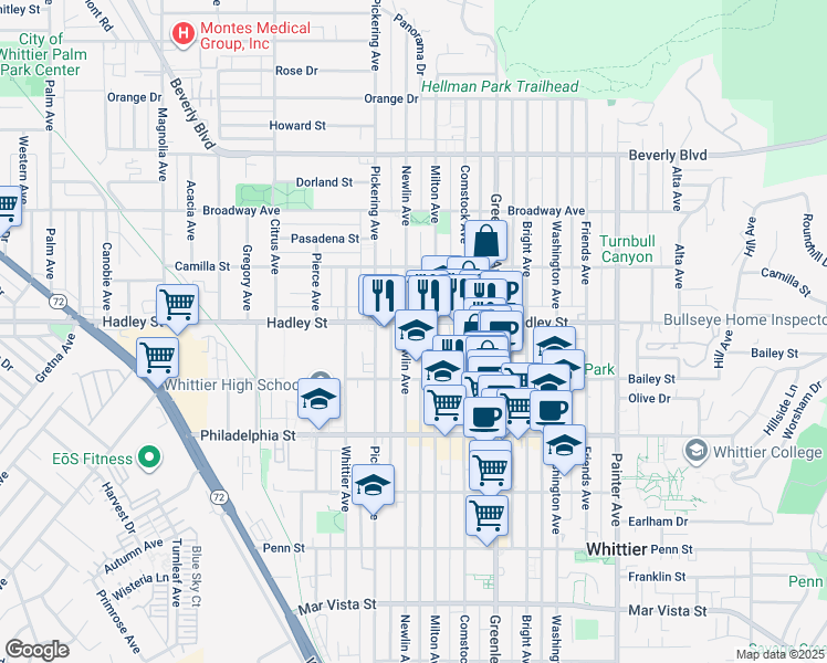 map of restaurants, bars, coffee shops, grocery stores, and more near 6503 Newlin Avenue in Whittier