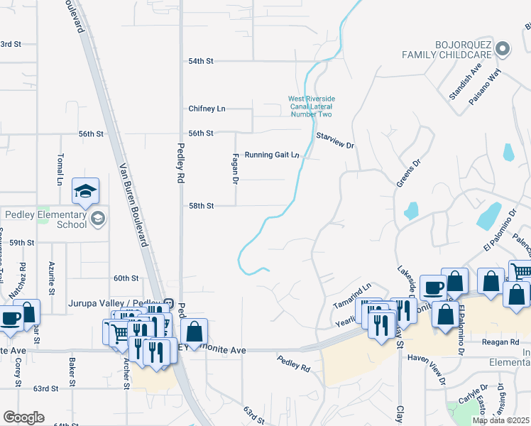 map of restaurants, bars, coffee shops, grocery stores, and more near 8600 58th Street in Riverside
