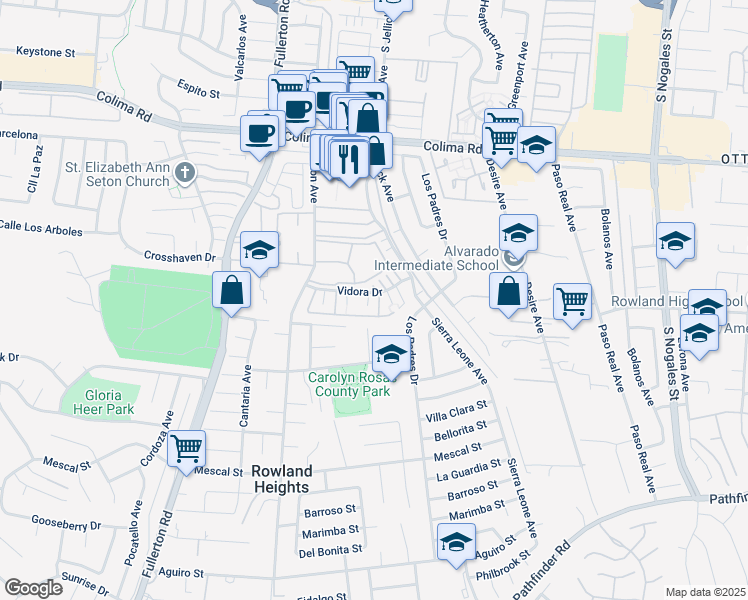 map of restaurants, bars, coffee shops, grocery stores, and more near 2004 Alberca Drive in Rowland Heights