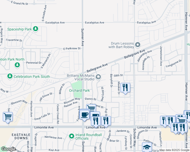map of restaurants, bars, coffee shops, grocery stores, and more near 5785 Larry Dean Street in Corona