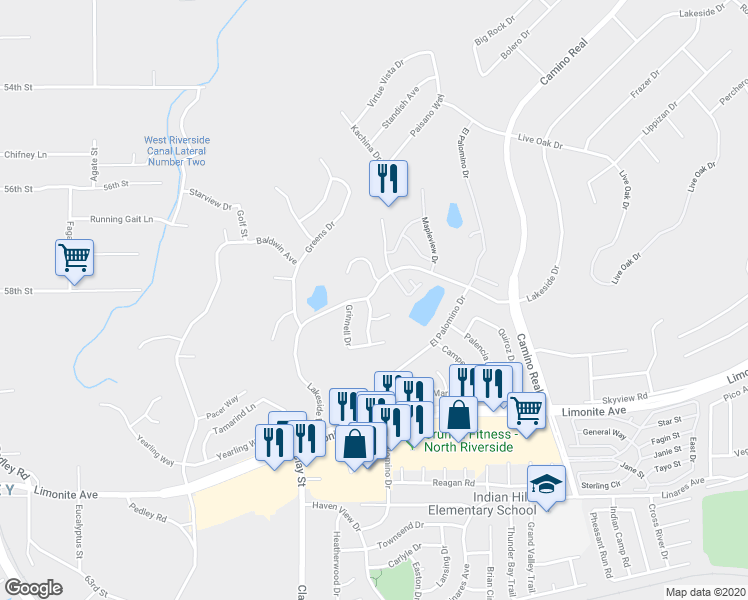 map of restaurants, bars, coffee shops, grocery stores, and more near 5810 Moonridge Drive in Riverside