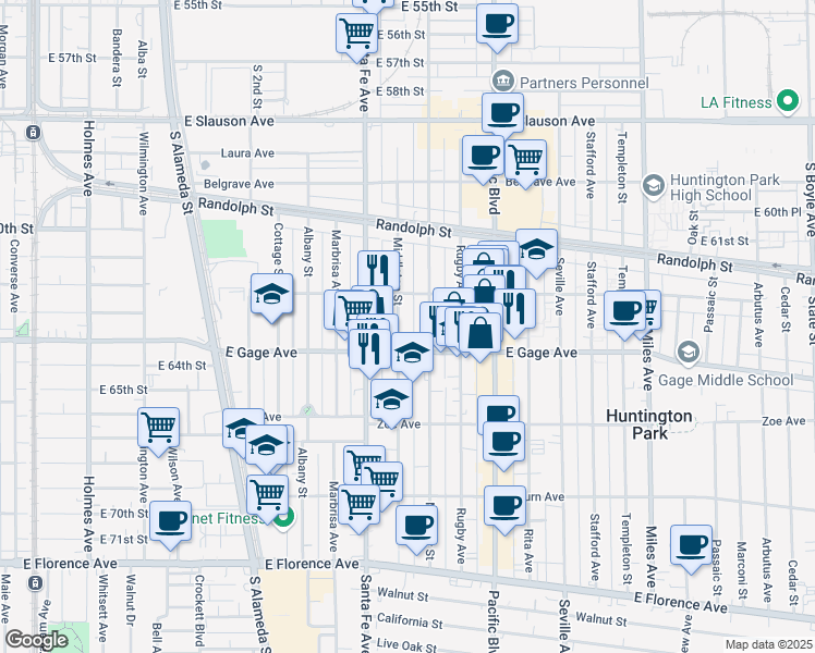 map of restaurants, bars, coffee shops, grocery stores, and more near 6336 Middleton Street in Huntington Park