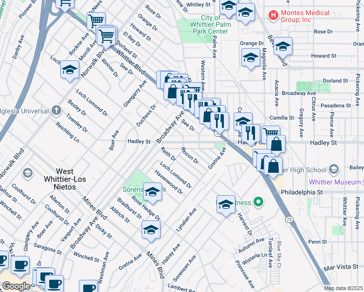 map of restaurants, bars, coffee shops, grocery stores, and more near 11464 Rincon Drive in Whittier