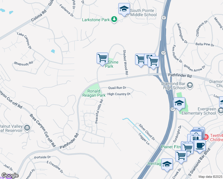 map of restaurants, bars, coffee shops, grocery stores, and more near 20848 Quail Run Drive in Walnut
