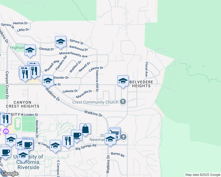map of restaurants, bars, coffee shops, grocery stores, and more near 229 Maravilla Drive in Riverside