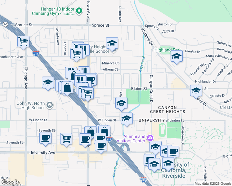 map of restaurants, bars, coffee shops, grocery stores, and more near 1130 West Blaine Street in Riverside