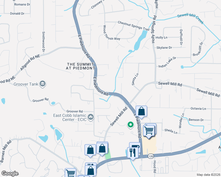 map of restaurants, bars, coffee shops, grocery stores, and more near 1278 East Piedmont Road in Marietta
