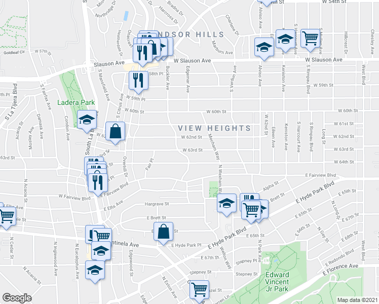 map of restaurants, bars, coffee shops, grocery stores, and more near 4260 W 63rd St in Los Angeles