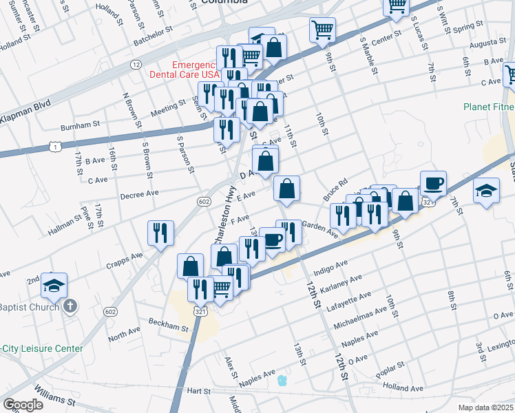 map of restaurants, bars, coffee shops, grocery stores, and more near 1228 F Ave in West Columbia