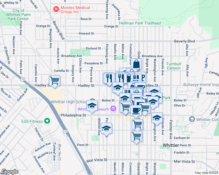 map of restaurants, bars, coffee shops, grocery stores, and more near 12602 Hadley Street in Whittier