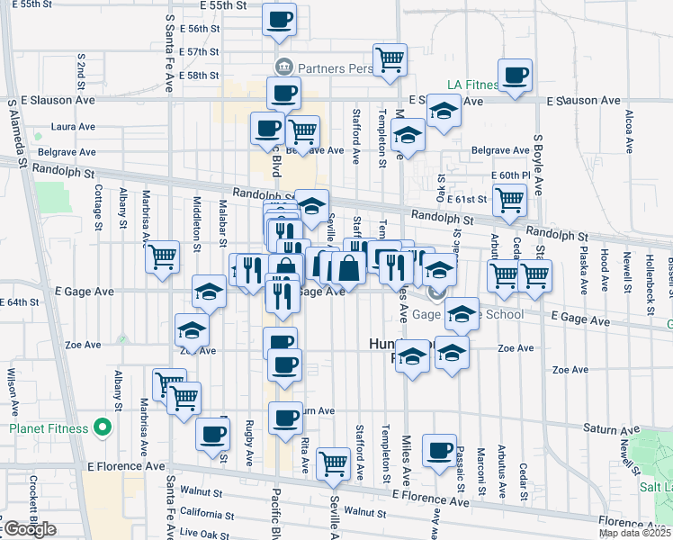 map of restaurants, bars, coffee shops, grocery stores, and more near 6336 Seville Avenue in Huntington Park