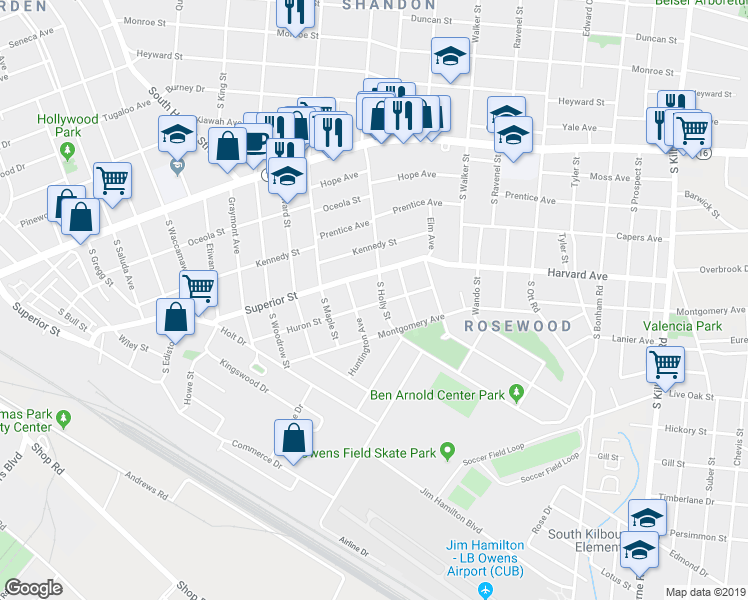 map of restaurants, bars, coffee shops, grocery stores, and more near 2841 Huron Street in Columbia