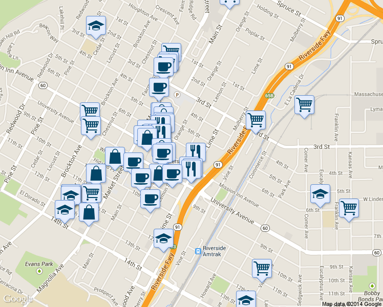map of restaurants, bars, coffee shops, grocery stores, and more near 3468 6th St in Riverside